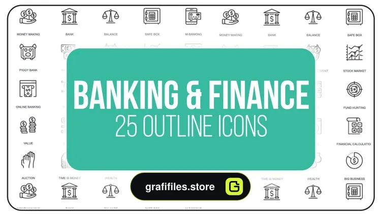 پروژه افترافکت مجموعه آیکون انیمیشن بانک و اقتصاد Banking And Finance – 25 Outline Icons