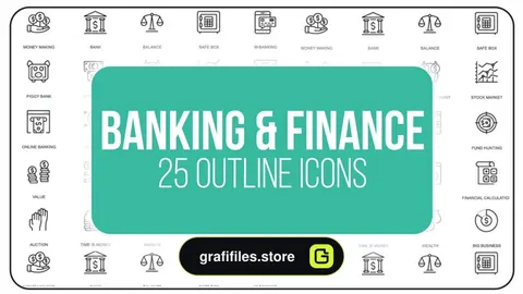 پروژه افترافکت مجموعه آیکون انیمیشن بانک و اقتصاد Banking And Finance – 25 Outline Icons