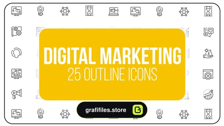 پروژه افترافکت مجموعه آیکون آماده با موضوع دیجیتال مارکتینگ Digital Marketing – 25 Outline Icons