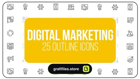 پروژه افترافکت مجموعه آیکون آماده با موضوع دیجیتال مارکتینگ Digital Marketing – 25 Outline Icons