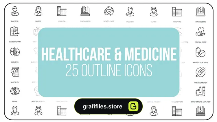 پروژه افترافکت مجموعه آیکون آماده با موضوع پزشکی و سلامت Healthcare And Medicine – 25 Outline Icons