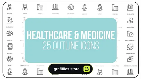 پروژه افترافکت مجموعه آیکون آماده با موضوع پزشکی و سلامت Healthcare And Medicine – 25 Outline Icons