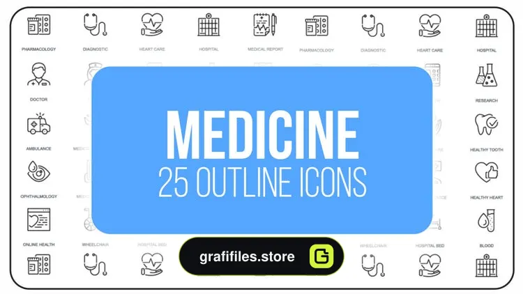 پروژه افترافکت مجموعه آیکون آماده با موضوع پزشکی Medicine – 25 Outline Icons