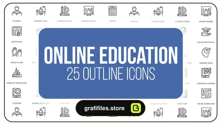 پروژه افترافکت مجموعه آیکون آماده با موضوع آموزش آنلاین Online Education – 25 Outline Icons