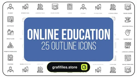 پروژه افترافکت مجموعه آیکون آماده با موضوع آموزش آنلاین Online Education – 25 Outline Icons