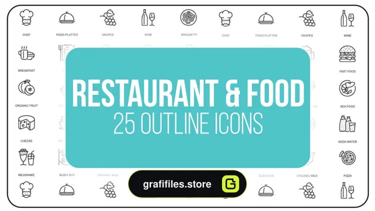 پروژه افترافکت مجموعه آیکون انیمیشن غذا و رستوران Restaurant And Food – 25 Outline Icons