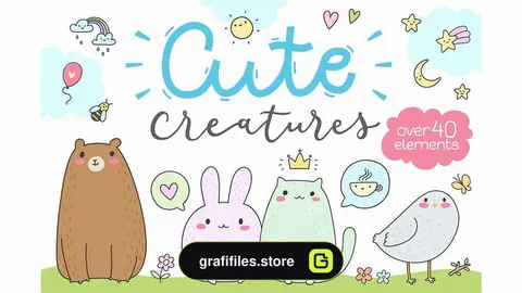 دانلود پترن و وکتور کارتونی و فانتزی Cute Creatures Vector Set