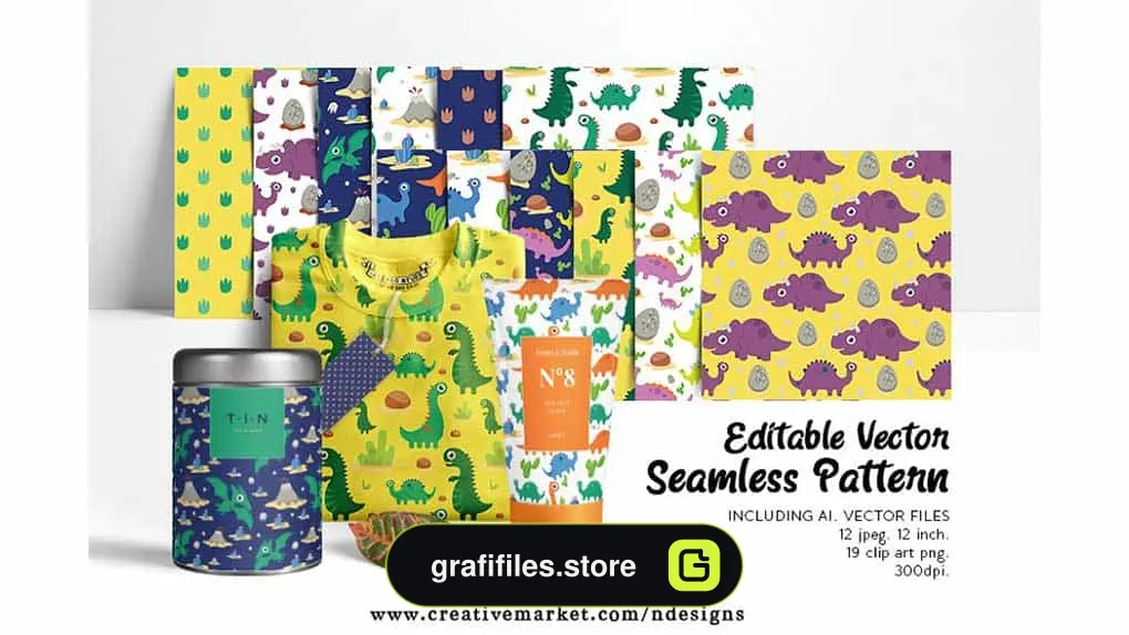 دانلود پترن کارتونی دایناسور Dinosaur Seamless Pattern, Editable