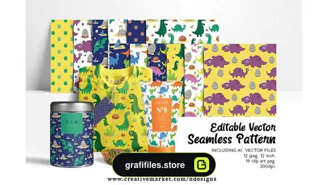 دانلود پترن کارتونی دایناسور Dinosaur Seamless Pattern, Editable