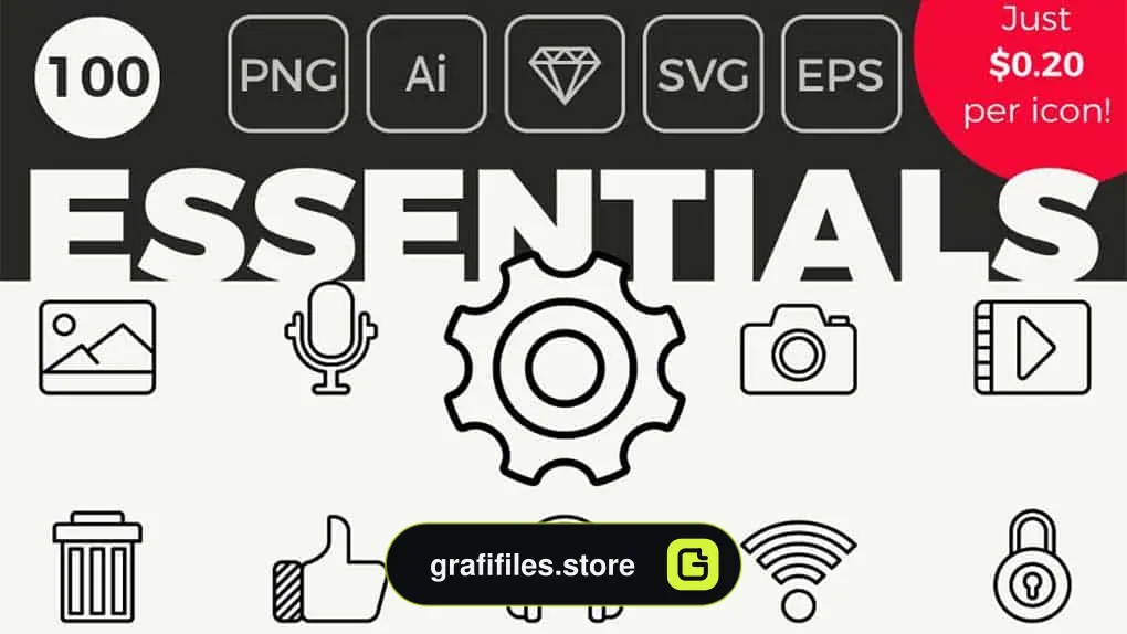 دانلود 100 آیکون خطی Essential Icons – Outline Style