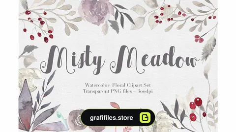دانلود کلیپ آرت آبرنگی گل و بوته Misty Meadow Floral Clipart Set