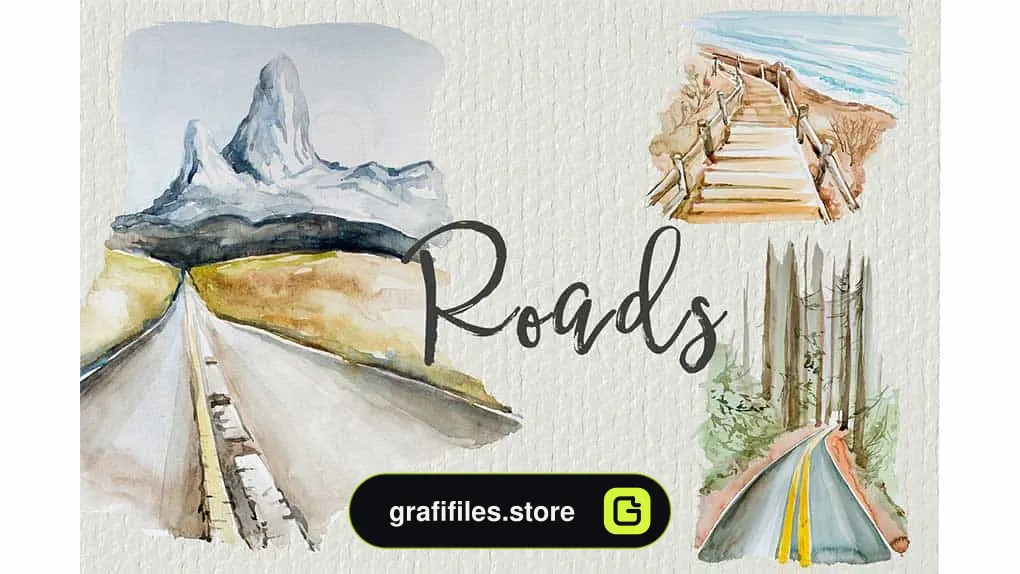 دانلود کلیپ آرت آبرنگی جاده Watercolor Roads Clipart Set