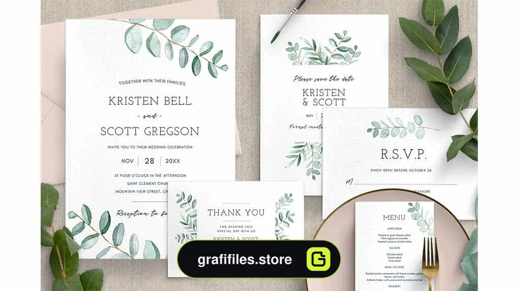 فایل لایه باز کارت دعوت عروسی Eucalyptus Wedding Invitation Suite