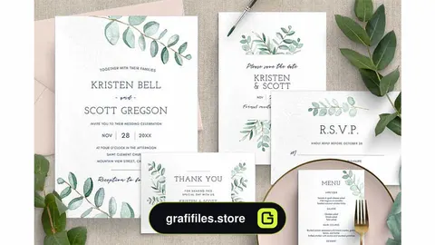 فایل لایه باز کارت دعوت عروسی Eucalyptus Wedding Invitation Suite