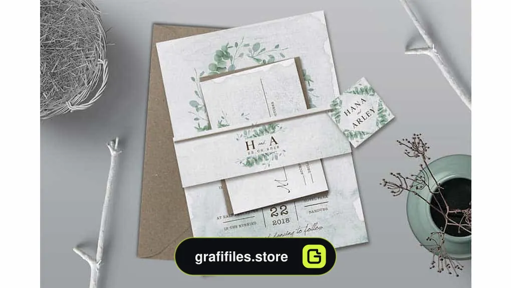 فایل لایه باز کارت دعوت عروسی Eucalyptus Wedding Invitation Suite