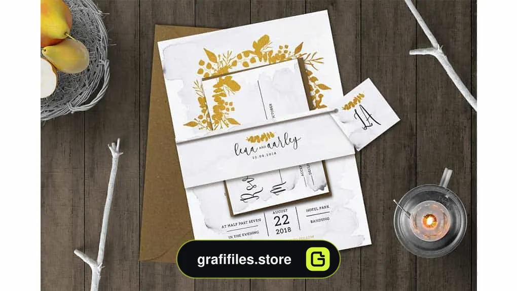 فایل لایه باز کارت دعوت عروسی Golden Foliage Wedding Invitation