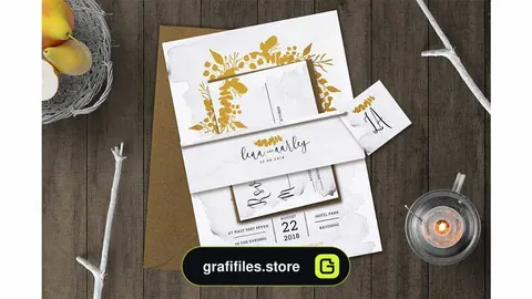 فایل لایه باز کارت دعوت عروسی Golden Foliage Wedding Invitation