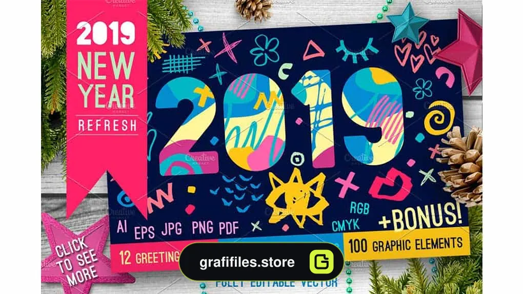وکتور سال نو میلادی 2019 New Year Christmas Blue Bundle