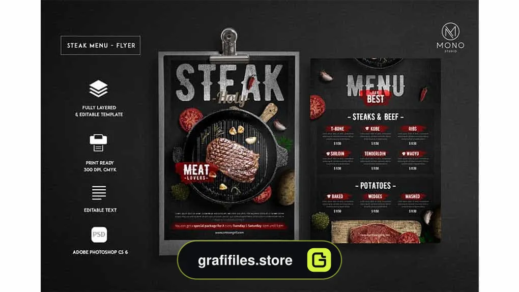 فایل لایه باز منو رستوران Steak Menu Flyer