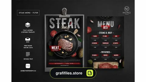 فایل لایه باز منو رستوران Steak Menu Flyer