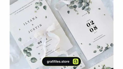 فایل لایه باز کارت دعوت عروسی Eucalyptus Foliage Wedding Suite