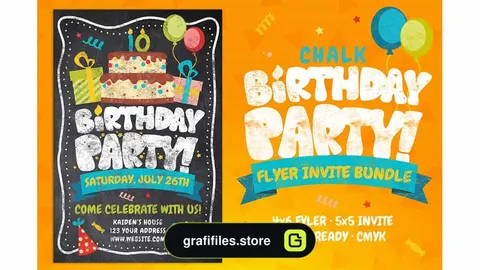 فایل لایه باز کارت دعوت جشن تولد Chalk Birthday Party Flyer Bundle