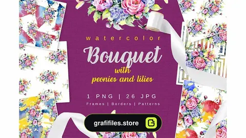 کلیپ آرت گل Bouquet With Peonies And Lilies