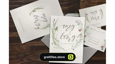 فایل لایه باز کارت دعوت عروسی Watercolor Flower Wedding Suite