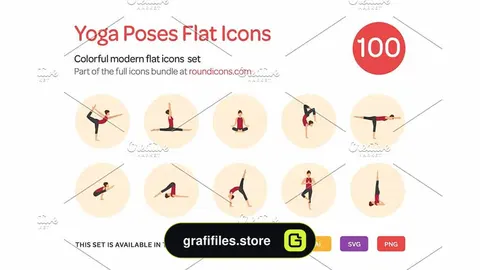 آیکون یوگا Yoga Poses Flat Icons Set