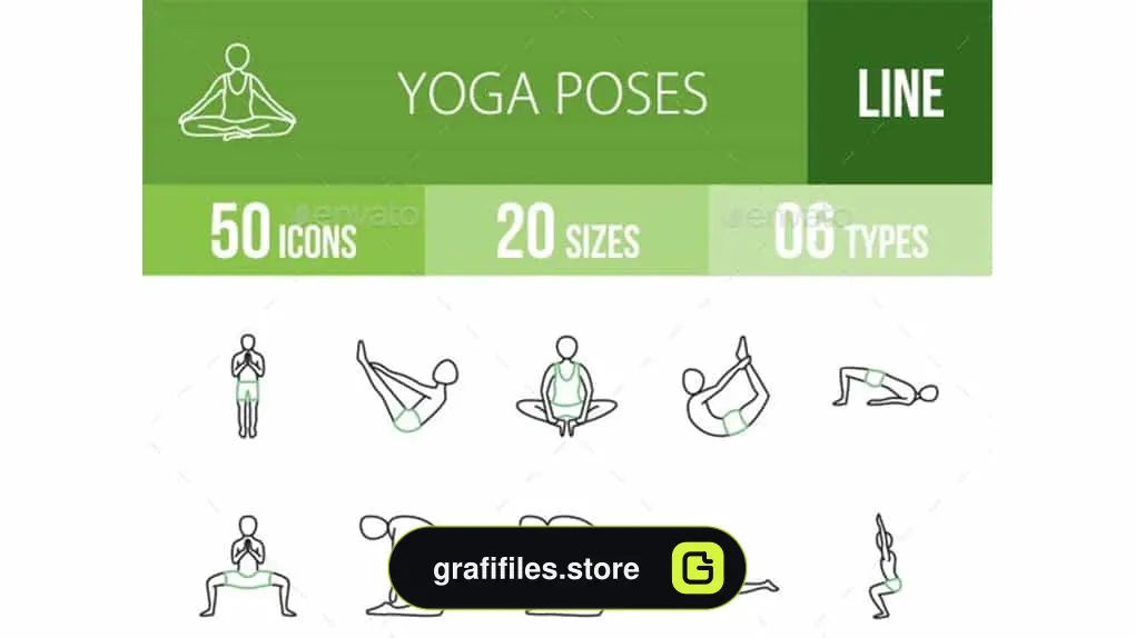 آیکون یوگا Yoga Poses Line Green & Black Icons