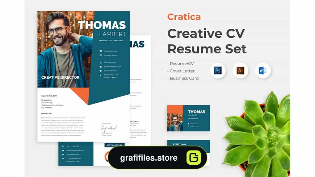 قالب آماده ورد رزومه و کارت ویزیت Cratica - Professional Business Creative CV Resume Set