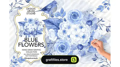 کلیپ آرت گل آبی آبرنگی Watercolor BLUE FLOWERS design