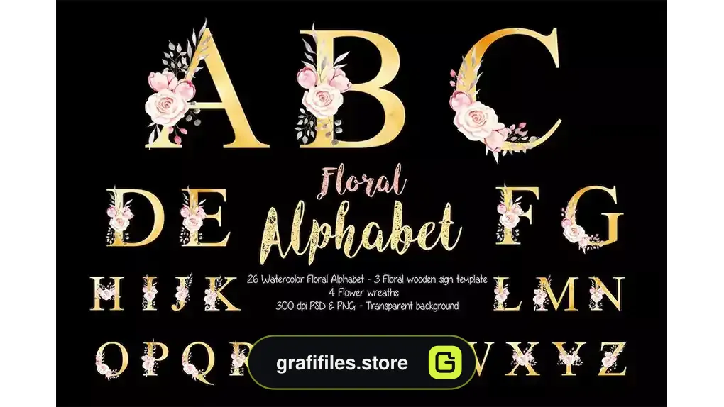 کلیپ آرت حروف الفبا با گل آبرنگی Watercolor Floral Alphabet