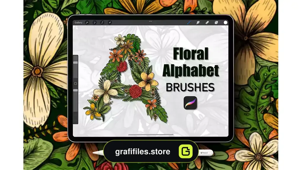براش حروف الفبا با گل پروکریت Floral Alphabet Procreate Stamp Brushes
