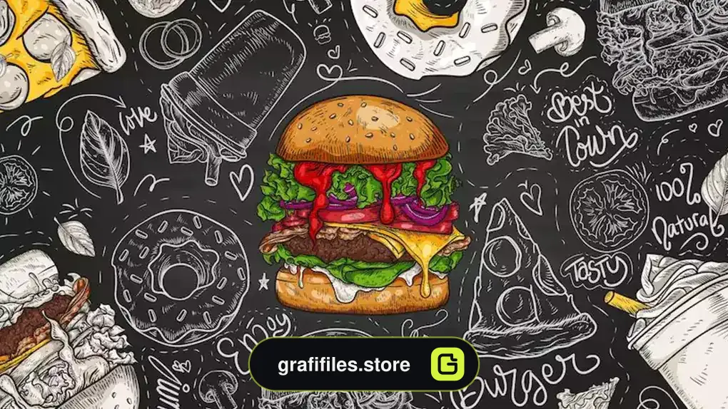 طرح وکتور بک گراند برگر Realistic burger on chalkboard background