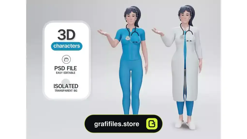 طرح لایه باز کاراکتر دکتر زن جوان 3d render young lady doctor