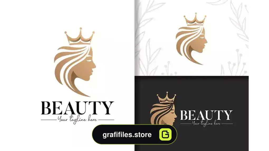 وکتور لوگو سالن زیبایی زنانه Beauty woman with queen crown gold logo