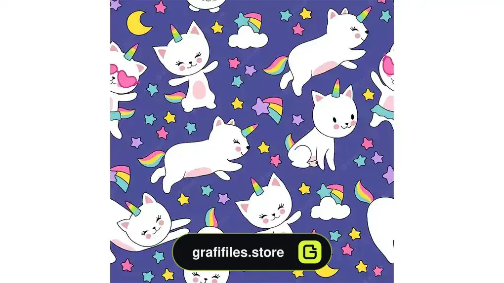 طرح وکتور پترن گربه تک شاخ Cute cats unicorn seamless pattern