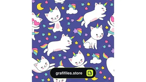 طرح وکتور پترن گربه تک شاخ Cute cats unicorn seamless pattern