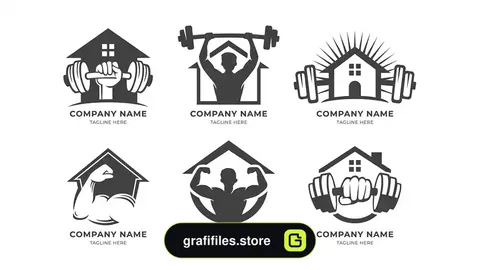 طرح وکتور لوگو باشگاه خانگی Gym at Home Monochrome Logo Set