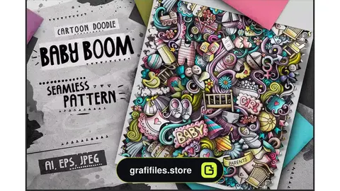 وکتور پترن کارتونی کودکانه Baby Doodle Cartoon Seamless Pattern