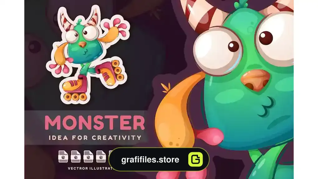 طرح وکتور هیولا هالووین Halloween Monster Roller Skate - Cute Sticker