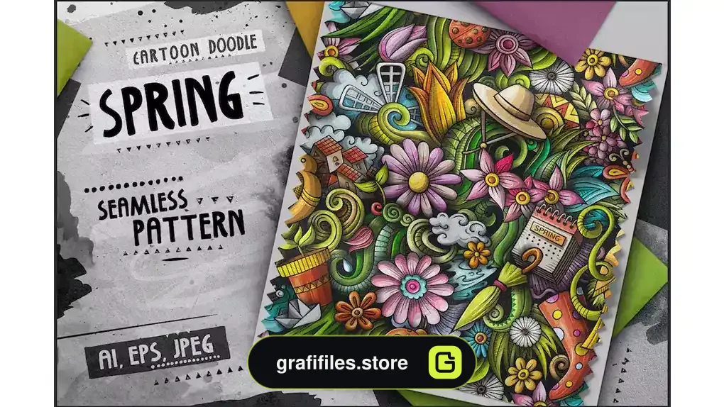 وکتور پترن کارتونی بهار Spring Doodle Cartoon Seamless Pattern