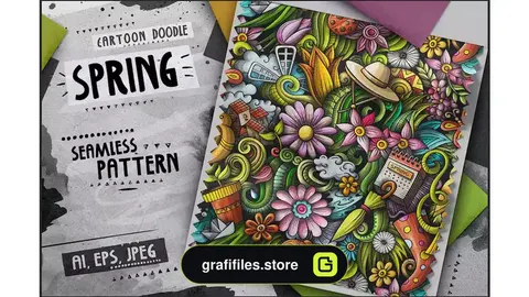 وکتور پترن کارتونی بهار Spring Doodle Cartoon Seamless Pattern