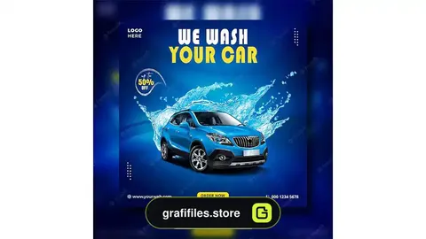طرح لایه باز آگهی و بنر خدمات کارواش Car wash washing service creative