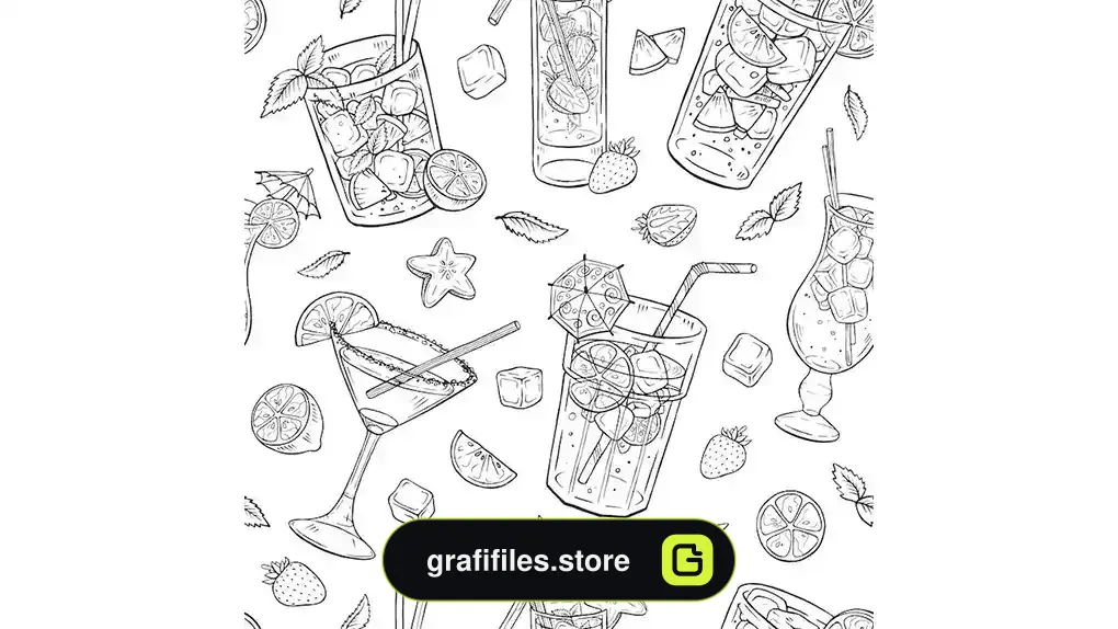 وکتور پترن کوکتل Hand drawn cocktails seamless pattern