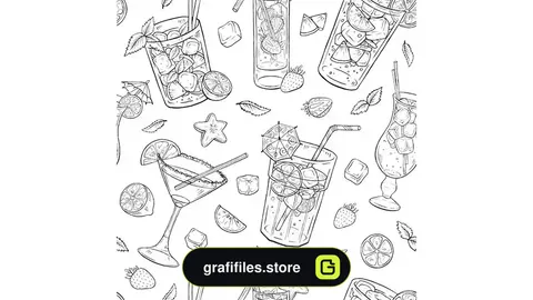 وکتور پترن کوکتل Hand drawn cocktails seamless pattern