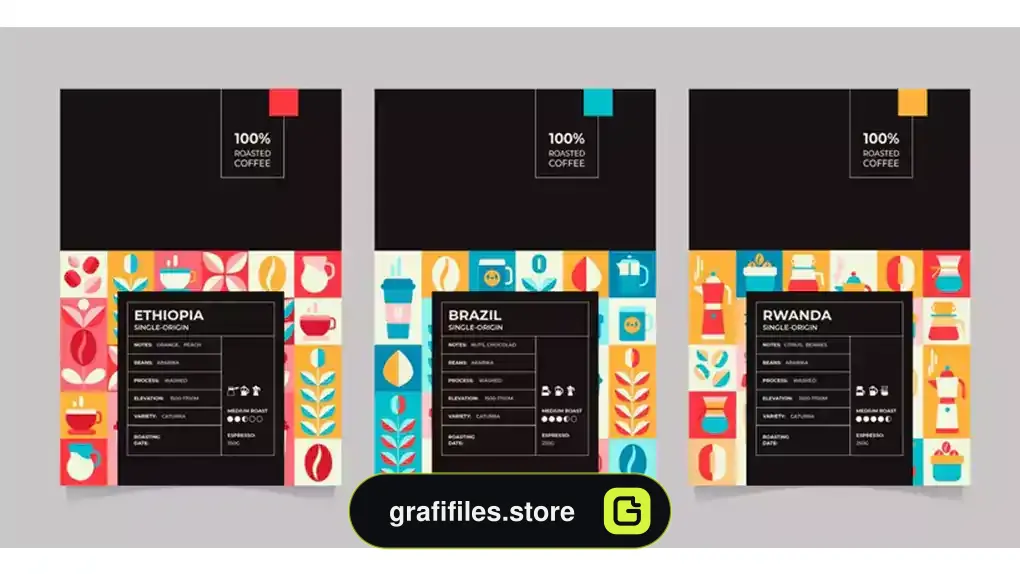 وکتور لیبل پاکت قهوه Hand drawn coffee label packaging