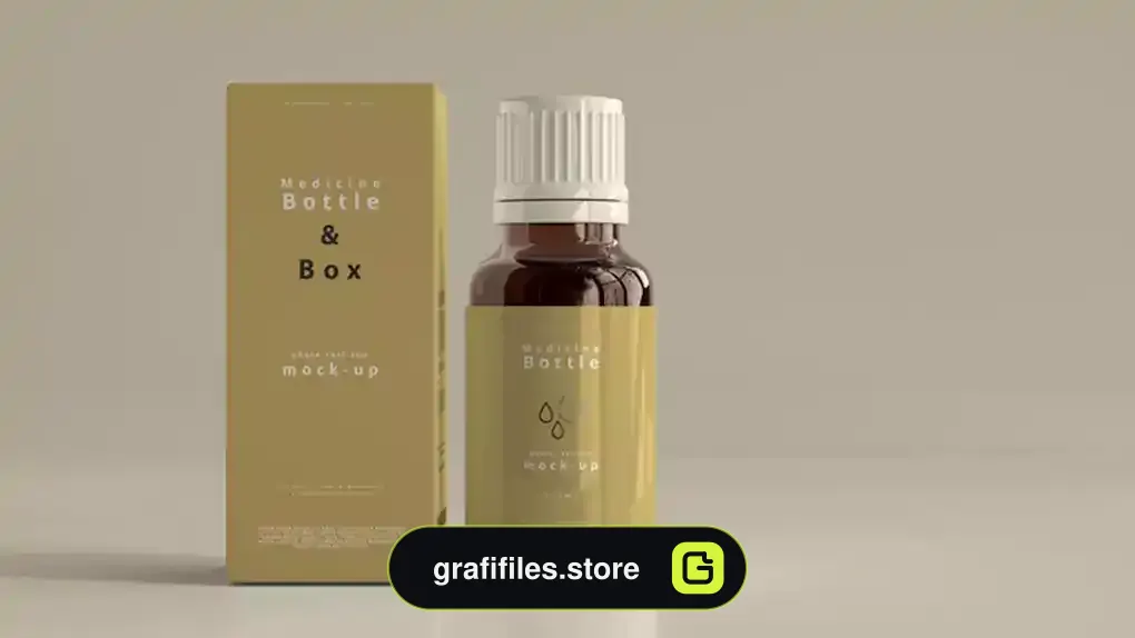 موکاپ جعبه و بطری دارو Amber glass medicine bottle and box mockup