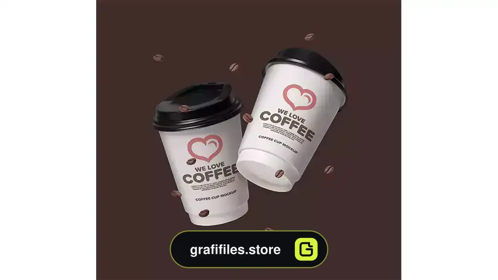 موکاپ لیوان قهوه Floating coffee cups mockup with coffee beans